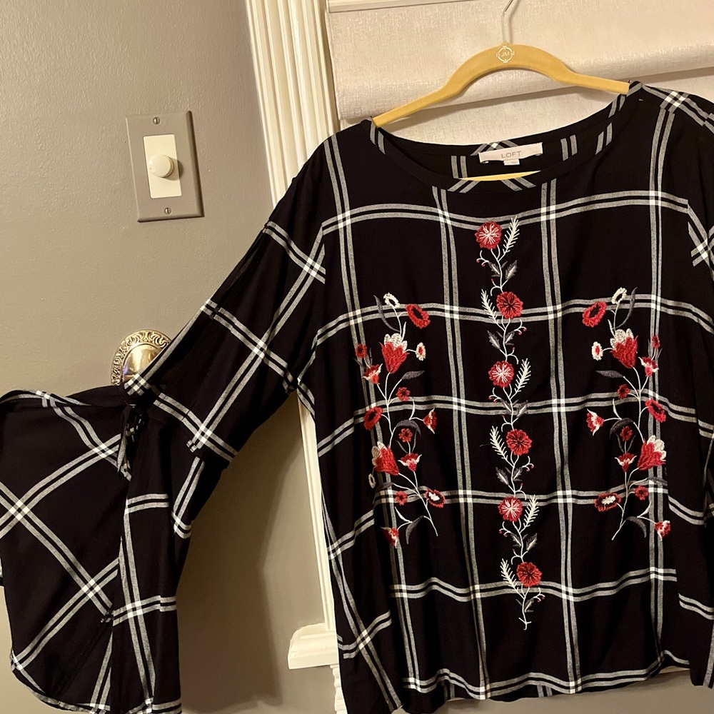 LOFT Black Plaid Top with Red Floral Embroidery